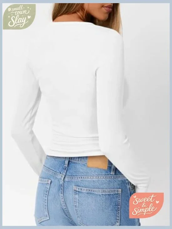 Long Sleeve Henley Thermal Top Fitted Ribbed Blouse Women's Casual Tee - Picture 4 of 6